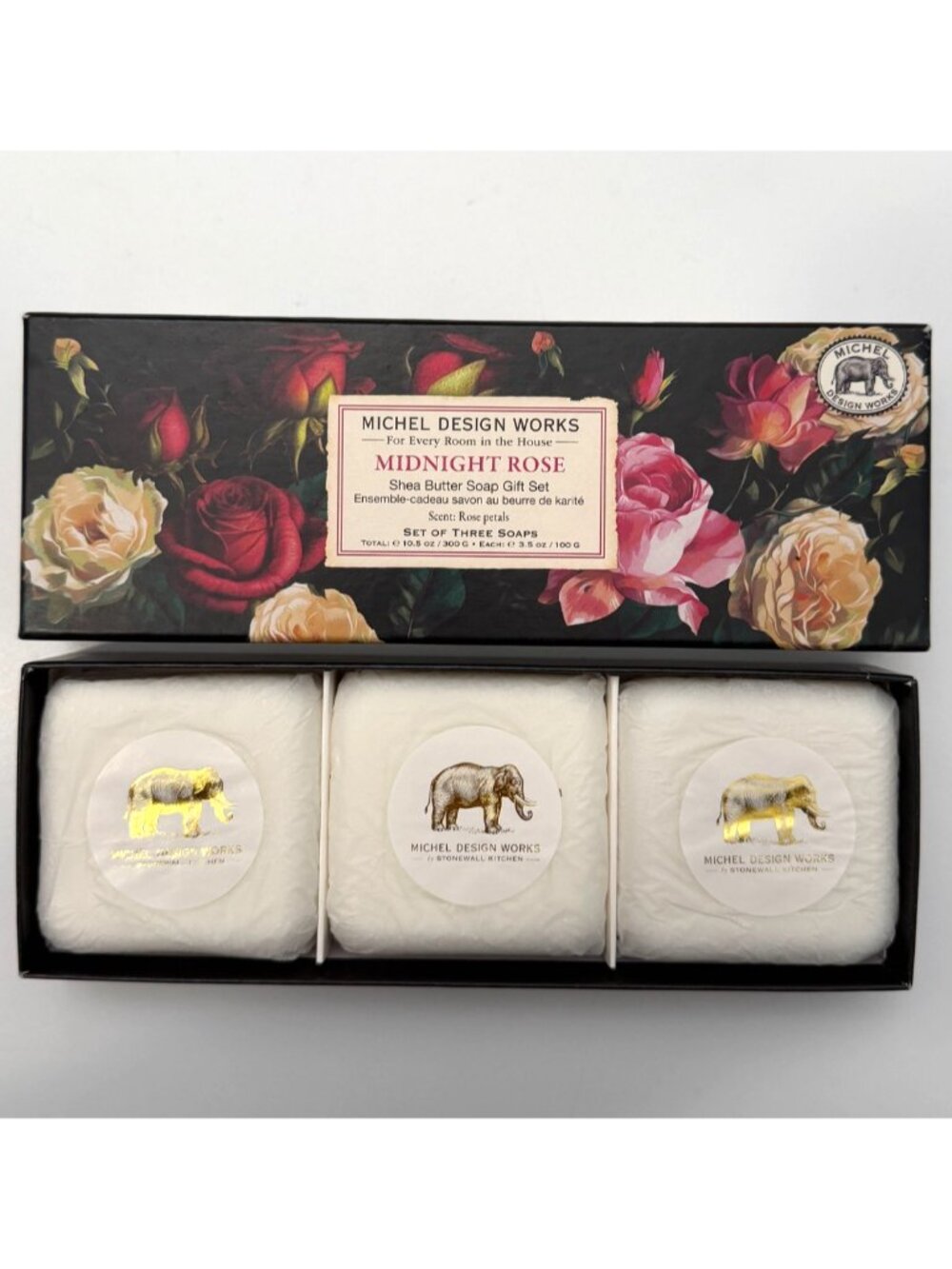 Michel Design Works Lemon MIDNIGHT ROSE Shea Butter Soap Gift Set of 3 Bars